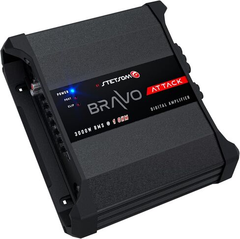 Stetsom Bravo Attack 3000 1 Ohm Mono Car Amplifier, 3000.1 3K Watts RMS, 1Ω Stable Car Audio, Full Range HD Sound Quality, Crossover & Bass Boost, Car Stereo Speaker MD, Smart Coolers in Saudi Arabia