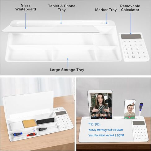 Desk Whiteboard Dry Erase Glass Desktop Whiteboard with Calculator, Desk Board with Storage Organized Notepad Desktop Keyboard Stand for Office School Accessories (White) in Saudi Arabia