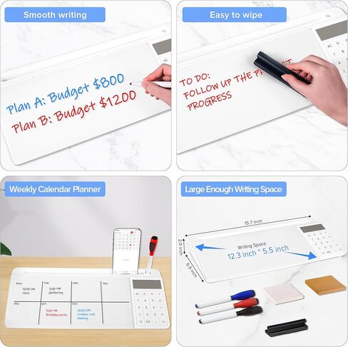 Desk Whiteboard Dry Erase Glass Desktop Whiteboard with Calculator, Desk Board with Storage Organized Notepad Desktop Keyboard Stand for Office School Accessories (White) in Saudi Arabia