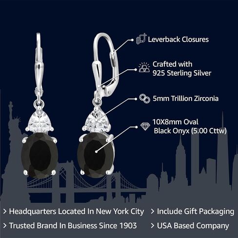 Gem Stone King 925 Sterling Silver Black Onyx and White Zirconia Dangle Earrings For Women (5.00 Cttw, Gemstone December Birthstone, Oval 10X8MM, Trillion 5MM) in Saudi Arabia