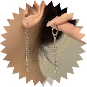 Vintage Chain Tassel Earrings Silver Metal Chain Earrings Long Chain Huggie Hoop Earrings Punk Fringe Chain Drop Earrings Jewelry for Women and Girls