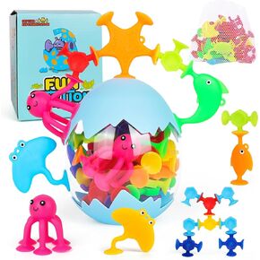 50 Pieces Suction Bath Toys for Kids Age 3+, Baby Silicone Ocean Animal Sucker Toys with Dinosaur Eggshell, Sensory Travel Window Toys for Toddlers, Stress Release Gifts for Boys Girls Ages 4-8