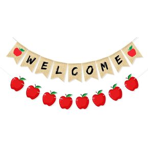 Welcome Banner with Apple Sign, Welcome Back to School Decorations First Day of School Bunting, Classroom Bulletin Board Hanging Decoration Party Supplies
