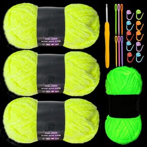 3PCS Glow in The Dark Chenille Yarn,Beginner Yarn for Crocheting,DIY Handcrafts Weaving Soft Chenille Yarn,50g/Reel, 70m (76.5 Yds). (Dark Green)