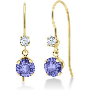 Gem Stone King 14K Yellow Gold Blue Tanzanite and White Zirconia French Wire Dangle Hook Earrings For Women (1.02 Cttw, Gemstone December Birthstone, Round 5MM and 2.5MM)