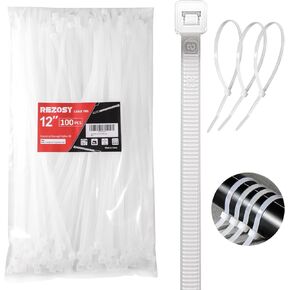 White Zip Ties 12 Inch 100 Pack Clear Tensile Strength 50 lbs UV Resistant Industrial Cable Ties Self Locking Zipties Wire Ties Wrap Indoor Outdoor Use for Fence Garage Camping
