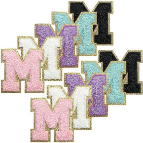 10Pcs Self Adhesive Chenille Letter Patches with Gold Glitters Border, Iron on Letter Patches, Chenille Embroidered Patch for Clothing, Letter M (White, Black, Pink, Purple, Blue)