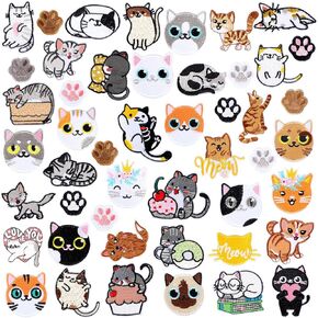 Wavyknot 48 Pcs Cat Iron on Patches Cat Patch Iron on Patches for Clothing Cartoon Animal Patch Cute Embroidered Applique Patches for Ripped Jeans Hats Jackets Clothes Backpack