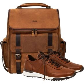 VELEZ 10.5 Mens Brown Business Casual Sneakers + Top Grain Leather Backpack for Men Brown Designer Bookbag Business Casual Shoulder Bag
