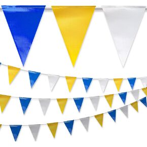 Blue & Yellow & White Pennant Banner Flags | OSHA 500lb Rated | Strand Fade Resistant 【102FT】