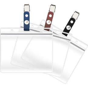3 Pack ID Card Badge Holders with Detachable Leather Metal Badge Clips, Horizontal Waterproof Clear Extra Thick PVC Plastic Name Tags for Nurses Office School Students Teachers Work