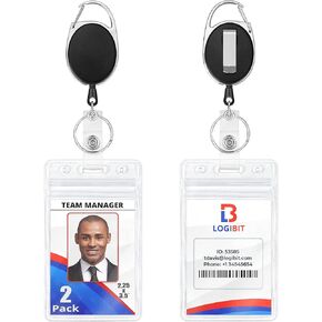 Mifflin Retractable Badge Reels w/Clear Vertical ID Name Card Holders (2.4x3.6 Inch, 2 Pack), Black Reel w/Carabiner Clip & Belt Hook