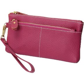 Women Genuine Real Leather Wristlet Wallet Clutch. 3 Zipped Pockets, 6 Credit Card Slots Case Coin Purse (Black)