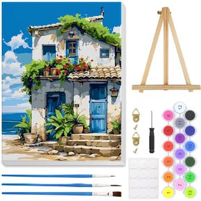 HEIBAGO House Paint by Numbers Kit for Adults with Framed Canvas Wooden Easel, Seaside Paint by Numbers for Adults Beginner, DIY Acrylic Oil Painting Kits Arts Crafts for Wall Decor 12x16inch