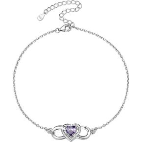Silvora Heart Infinity Sterling Silver Birthstone Anklet for Women Teen Girls with Delicate Gift Packaging