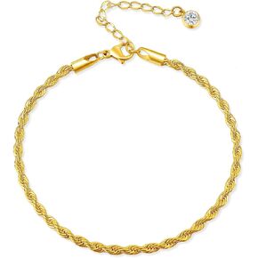 Ankle Bracelets for Women, 3mm Braided Rope Chain 18K Gold Plated Anklets for Women No Tarnish