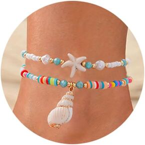 Handmade Beaded Anklets for Women Girls Boho Colorful Beads Layered Gold Ankle Bracelets for Women Waterproof Anklets Sea Starfish Whelk Charm Foot Summer Beach Jewelry Gift