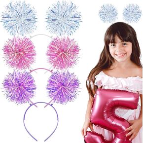 Aswewamt 3 Pcs Foil Strips Pom Pom Headbands Tinsel Fluffy Ball Hair Loop Pompom Cosplay Fashion Hair Accessories for Women Girls Birthday Halloween Christmas Party