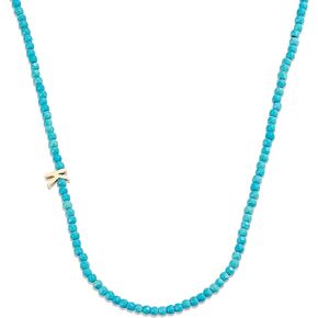 HJO Dainty Turquoise Beaded Initial Asymmetrical Necklace, 18K Gold Plated Stainless Steel Letter Necklace
