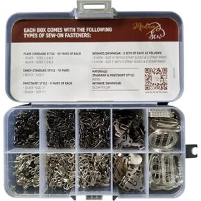 Madam Sew Hook & Eye Fastener Set | 150 Pairs | Sewing Eye Fasteners for Dresses, Tops, Skirts, Pants & Swimwear | Clasp and Closure Sewing Accessory | Variety of Sizes