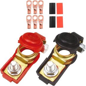 1 Pair Battery Terminals, Negative and Positive Car Battery Cable Terminal Clamp Connectors, 6PCS 3/8 Copper Ring Terminal Assortment Kit and 4PCS Heat Shrink Tubes, Fit for Van, Boat, and More