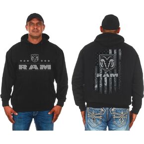 JH DESIGN GROUP Men's Dodge Ram Pullover Hoodie American Flag 2 Sided Sweatshirt