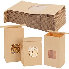 Moretoes 100pcs Small Bakery Bags with Window, Cookie Bags Pastry Bags Kraft Paper Bags, 3.54x2.36x6.7in Tin Tie Tab Bags Brown Window Bags