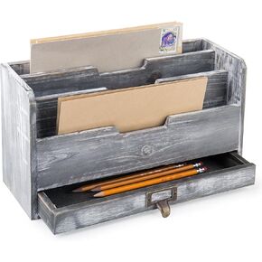 MyGift 3 Slot Rustic Dark Gray Wood Office Desk File Organizer Holder, Desktop Mail Letter Sorter Tray Document Holder with Pull-Out Storage Drawer