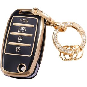 for Kia Key Fob Cover Soft 3 4 5 Buttons TPU Protection Car Key Case Shell with Fashion Gold Bling Keychain Compatible with Kia Soul Forte Telluride K5/Seltos Niro Sportage Sorento Optima white