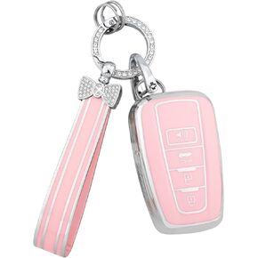 PIFOOG Key Fob Cover for Toyota Pink RAV4 Camry Highlander Corolla 4Runner Prius Avalon C-HR Accessories 4 Button Car Keys Case Shell Protector Bling Keychain TPU Girly Women