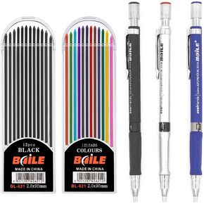 3 Pieces 2.0 mm 2B Mechanical Pencil,Automatic Pencils with 2 Cases Lead Refills, Color and Black Refills For Draft Drawing, Carpenter, Writing, Crafting, Art Sketching(Blue, Black And Silver)