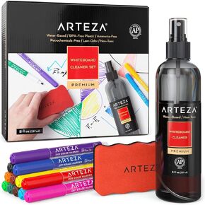 ARTEZA Whiteboard Cleaner Set, 12 Assorted Colors Chisel Tip Dry Erase Markers, Magnetic Eraser & 2 Cleaners, 8-ounces Each, Office Supplies