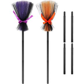 2 Pieces Halloween Witch Broom Kids Cosplay Broom Prop Plastic Broom Props for Halloween Party Costume Accessories, Orange and Purple