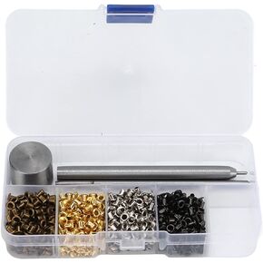 Mini Grommets, 2mm Plated Copper Metal Grommet Kit 4 Color Shoelaces Belts Eye Buckles with Plastic Storage Box
