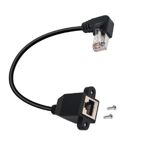 QIANRENON 90°Angle RJ50 10P10C Panel Mount Ethernet Extension Cable, 10P 10C Female to Right Angle Male Communication Extension Cable, Cat5E, Shielded, 30cm/11.8in (Right Bend)