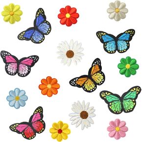 Honbay 16PCS Cute Delicate Butterfly Daisy Flower Appliques Decorative Patches Embroidered DIY Sew on/Iron on Patches for Shirts, Coats, Jackets, Backpacks, Hats, Jeans