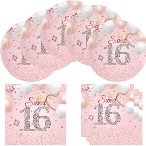 Sweet 16 Rose Gold Birthday Party Supplies, Include 20 Plates and 20 Napkins, 16th Party Dinner Dessert Plate Napkins Birthday Tableware Decorations for Girls