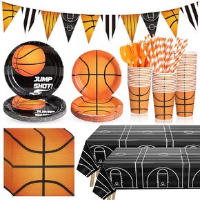 195 Pcs Basketball Party Supplies 24 Guest Disposable Dinnerware with Basketball Tablecloth Paper Plates Cup Napkin Plastic Fork Knives Spoon and Banner for Basketball Birthday Decorations