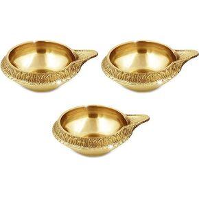 Traditional Indian Oil Lamps Set, 3 Pieces, Gold Plated, for Worship Ceremonies