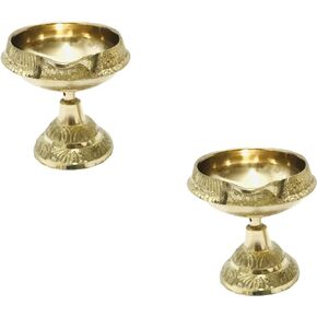 Kuber Brass Diya Golden Diya Pooja Dia with Stand Base Navaratri Diya Navratri Pooja Jyot Brass Diwali Puja Diwali Diya Engraved Design Gift Item Pack of 2 with phouch