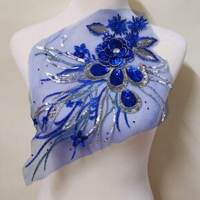 1 Pcs Craft Diamond Insert Feather Sequin Floral Embroidered Applique Trim Decorated Lace Neckline Collar Clothing DIY Sewing Patches (Green)