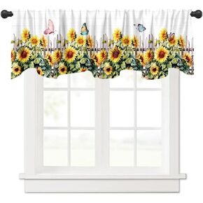 ستارة معالجة نافذة عباد الشمس مقاس 54 × 18 بوصة ريفي ريفي أصفر زهري فراشة أوراق خضراء ستارة نافذة مع جيب قضيب عباد الشمس سياج نافذة ستارة مطبخ ديكور غرفة الطعام in Kuwait