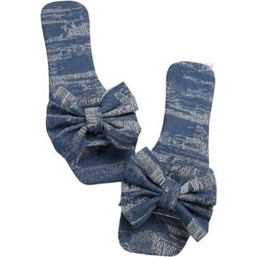 GORGLITTER Women's Bow Decor Distressed Denim Flats Square Open Toe Single Band Slide Sandals