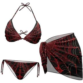 Women's 3 Piece Boho Floral Bathing Suit with Beach Wrap Skirt Sarong Chiffon Swimsuit Tie Side Bikini Set Cover Up