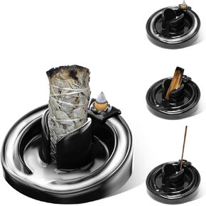 5 in 1 Incense and Candle Holder - Backflow Incense Holder for Burning Sage, Palo Santor - Ceramic Incense Holder Ash Catcher Tray for Meditation Room - Easy to Clean (Black)