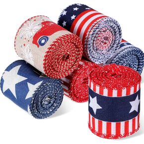 5 Rolls Star Wired Edge Ribbon 2.5 Inch Patriotic Ribbon Stars Stripes Satin Ribbon 4th of July Grosgrain Ribbon Halloween Thanksgiving Christmas Decoration for DIY Crafts Supplies Wreath Garland