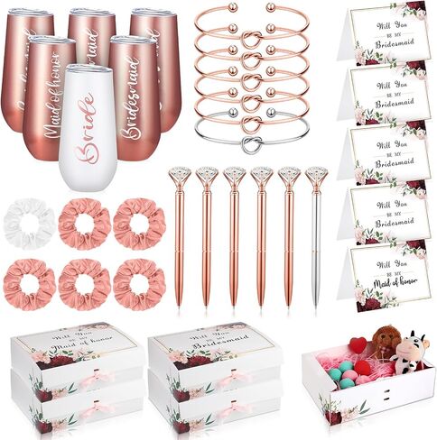 Sabary 34 Pcs Bridesmaids Proposal Gift Set Include 5 Bridesmaids Proposal Box 6 Bridesmaids Wine Tumblers 6 Love Knot Bracelets 6 Diamond Pen 5 Bridesmaid Card with 6 Hair Ties (Blue,Stylish) in Saudi Arabia