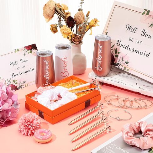 Sabary 34 Pcs Bridesmaids Proposal Gift Set Include 5 Bridesmaids Proposal Box 6 Bridesmaids Wine Tumblers 6 Love Knot Bracelets 6 Diamond Pen 5 Bridesmaid Card with 6 Hair Ties (Blue,Stylish) in Saudi Arabia