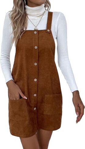 OYOANGLE Women's Sleeveless Button Front Straps A Line Pinafore Overall Short Dress with Pockets in Saudi Arabia