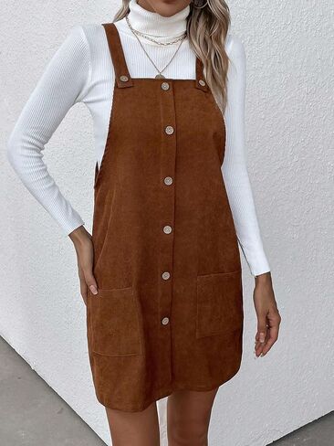 OYOANGLE Women's Sleeveless Button Front Straps A Line Pinafore Overall Short Dress with Pockets in Saudi Arabia